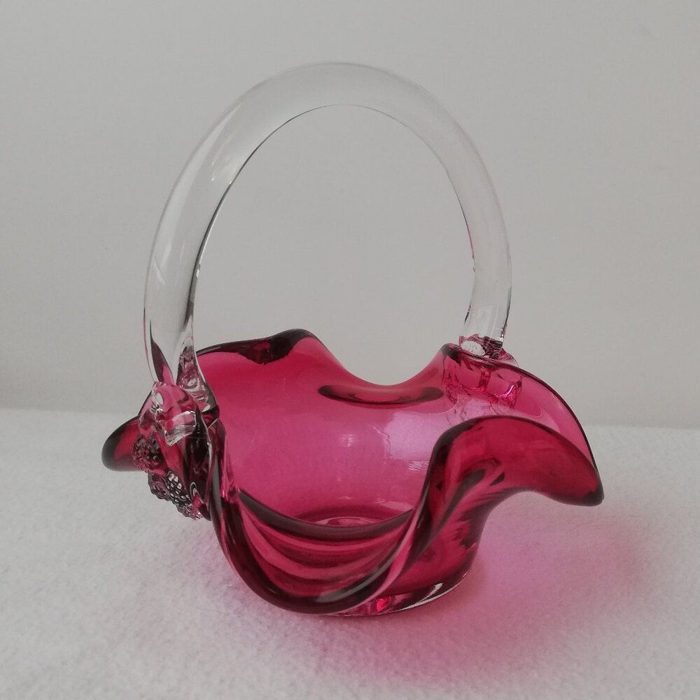 Vintage Cranberry Art Glass Basket w/ Clear Handle – Hand Blown Style Decor